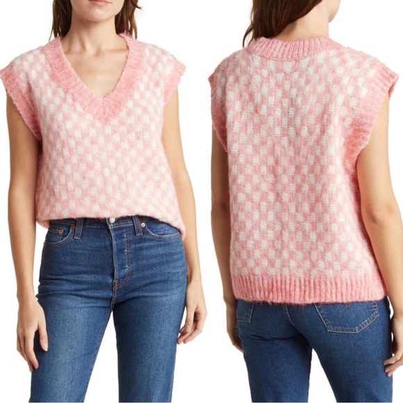 NWT FRNCH Paris Checkered Sweater Vest Rose Cream Size M/L - Picture 1 of 8